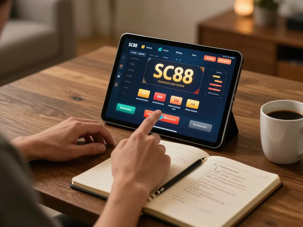 SC88 user engaging with an online casino interface in a cozy home gaming setup