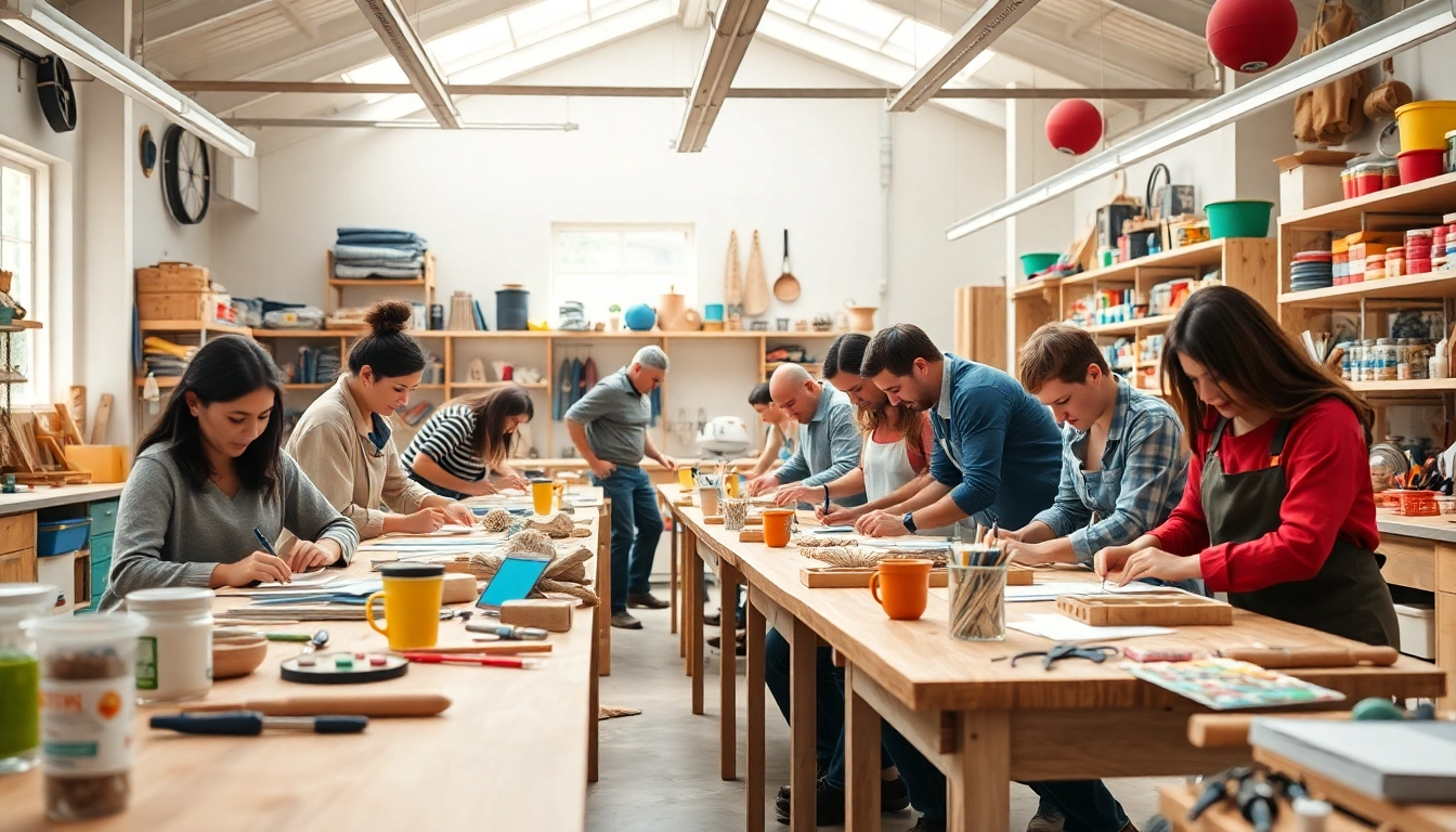 Participants engaging in practical craft training programs surrounded by tools and materials.