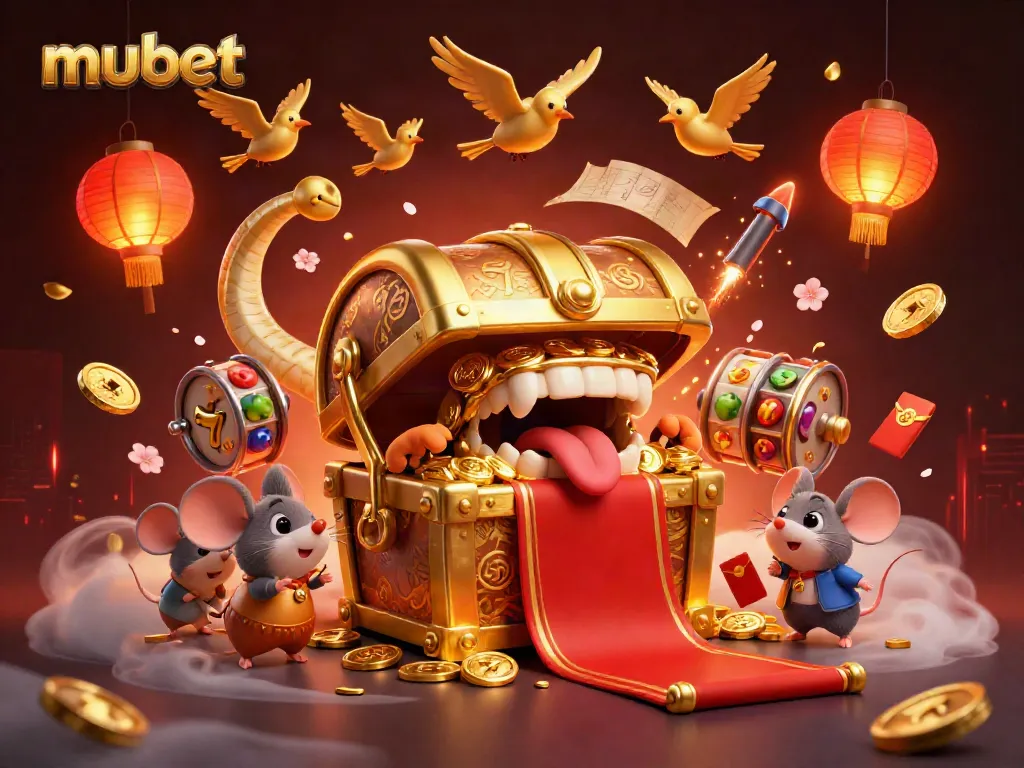 Experience the excitement of mubet with a golden treasure chest and slot reels surrounded by festive elements.