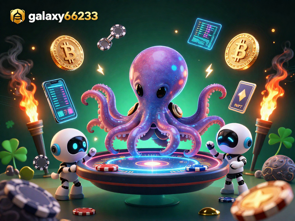 galaxy66233 showcases an alien octopus winning at a holographic poker game with floating crypto coins.