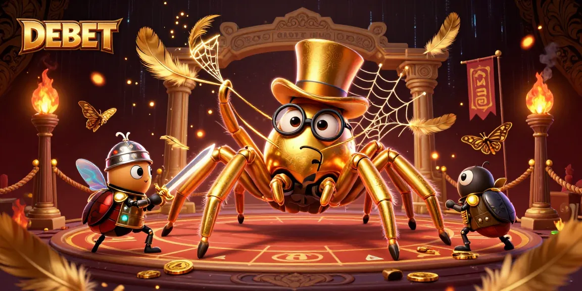 Engage with DEBET as the golden tarantula weaves a gambling web in a vibrant casino scene.
