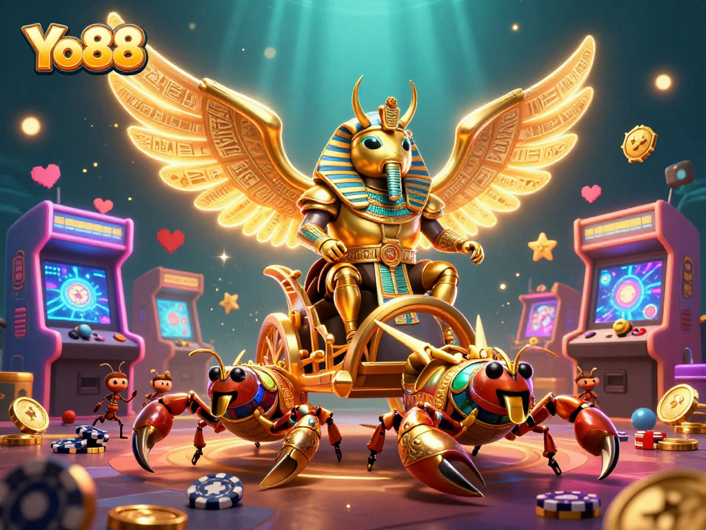 Experience the thrill of Yo88 with a vibrant 3D casino illustration showcasing dynamic characters and gaming elements.