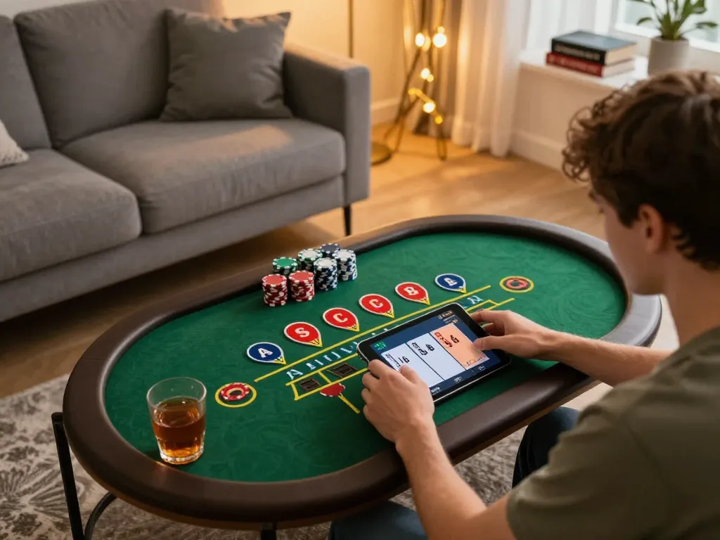 Player immersing in an exciting sc88 online Baccarat game from the comfort of home, showcasing a stylish setting.