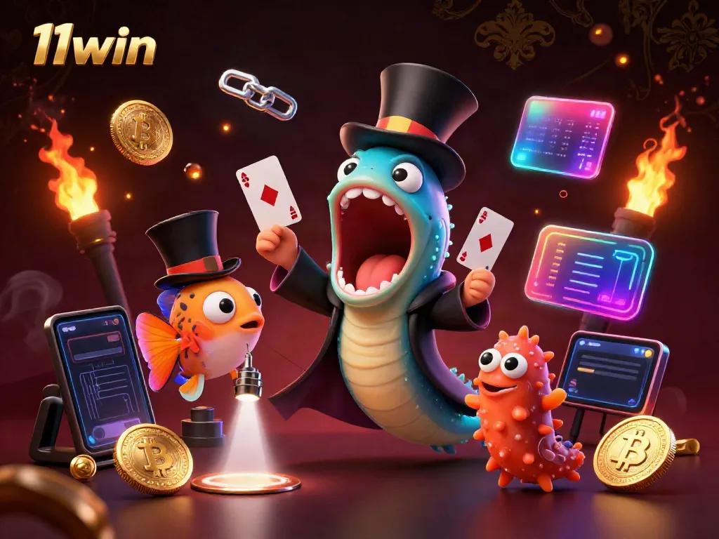 Experience thrilling card magic at 11win featuring a bioluminescent eel and anglerfish in a vibrant casino scene.