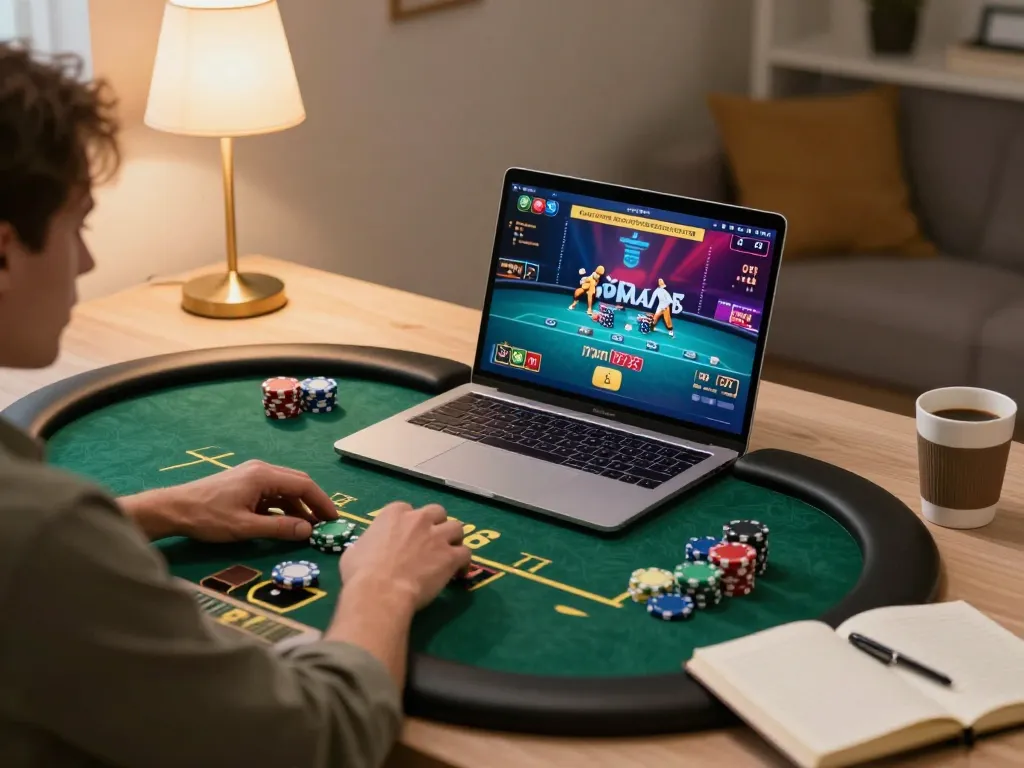 VA88 engaging in an exciting poker game via laptop, showcasing focused gameplay with vibrant chips.