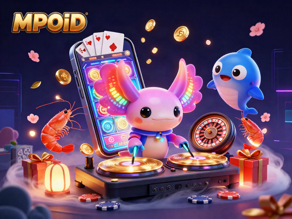 MPOID promotes excitement with a vibrant underwater casino scene featuring dancing shrimp and a DJ axolotl.