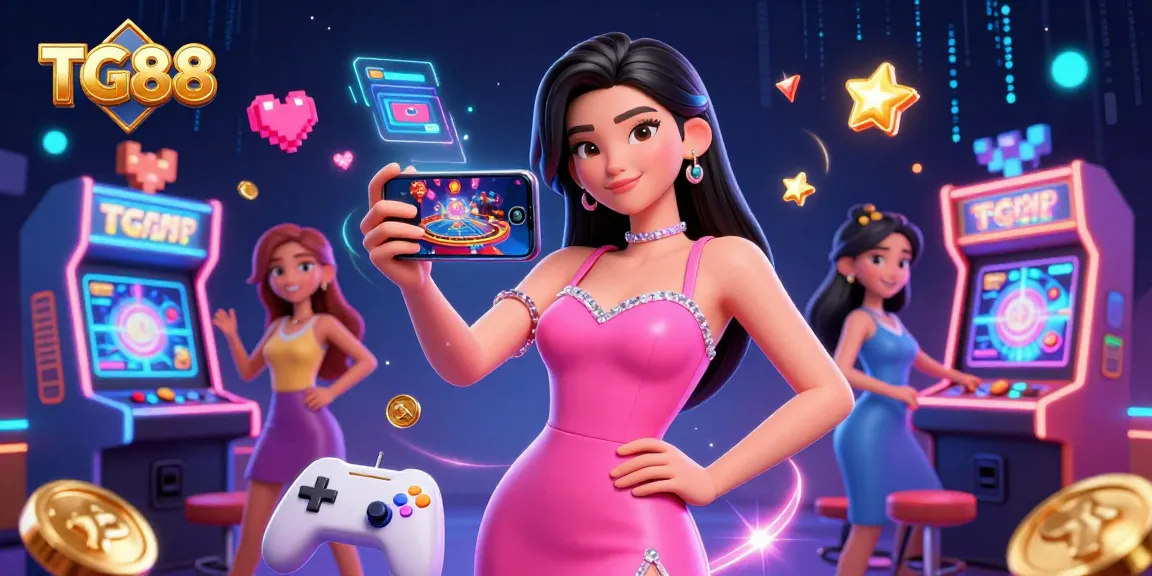 Experience thrilling live dealer games at TG88 with a stylish Asian hostess showcasing exciting casino graphics.
