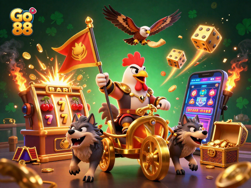 Khám phá giải trí Go 88 với chiến binh gà, xe chariot vàng và máy slot Jackpot.