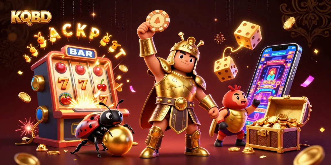 KQBD features 3D characters celebrating a winning moment amidst casino elements and vibrant visual details.