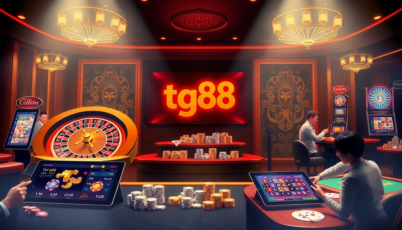 TG88 casino scene showcasing vibrant roulette wheel and engaging gaming tables for online gambling.