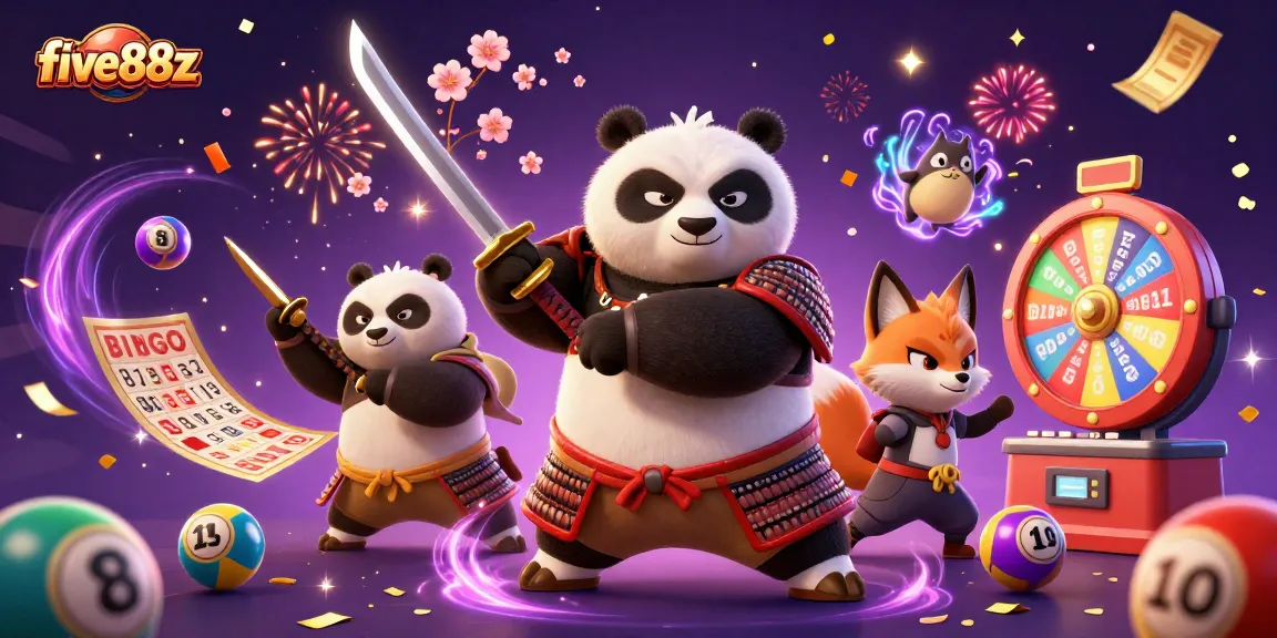 Experience the excitement of five88z with colorful lottery balls and energetic characters in a dynamic casino scene.