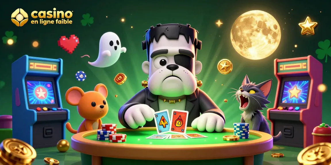 Jouez et gagnez dans un casino en ligne fiable avec un bulldog Frankenstein, un chat loup, et des machines à sous colorées.