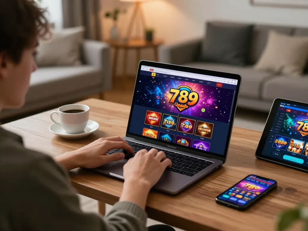 Engaging gameplay on 789 online casino with cozy home setup, player focused on laptop screen.