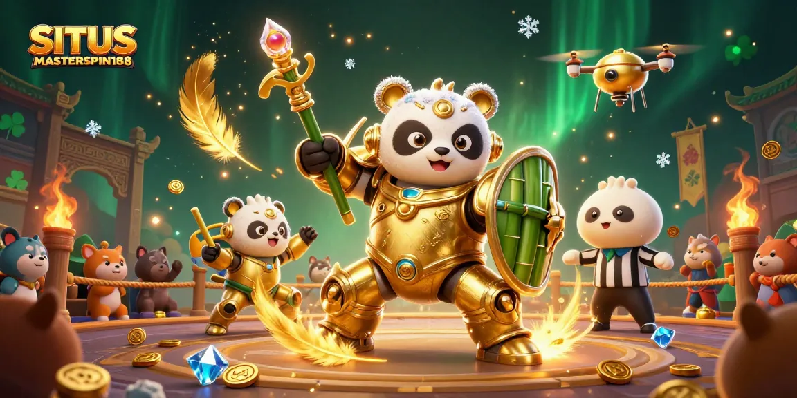 Engage with SITUS MASTERSPIN188 in an energetic casino arena featuring a golden panda and vibrant gaming elements.