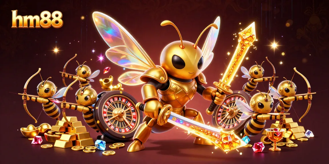 hm88 gaming characters celebrate with roulette wheels and gold in a vibrant casino scene