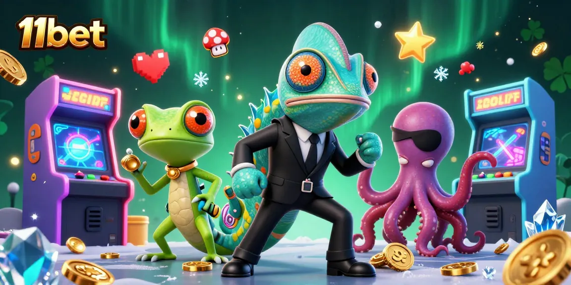 Experience thrilling gameplay at 11bet with a vibrant casino illustration featuring colorful characters and game elements.