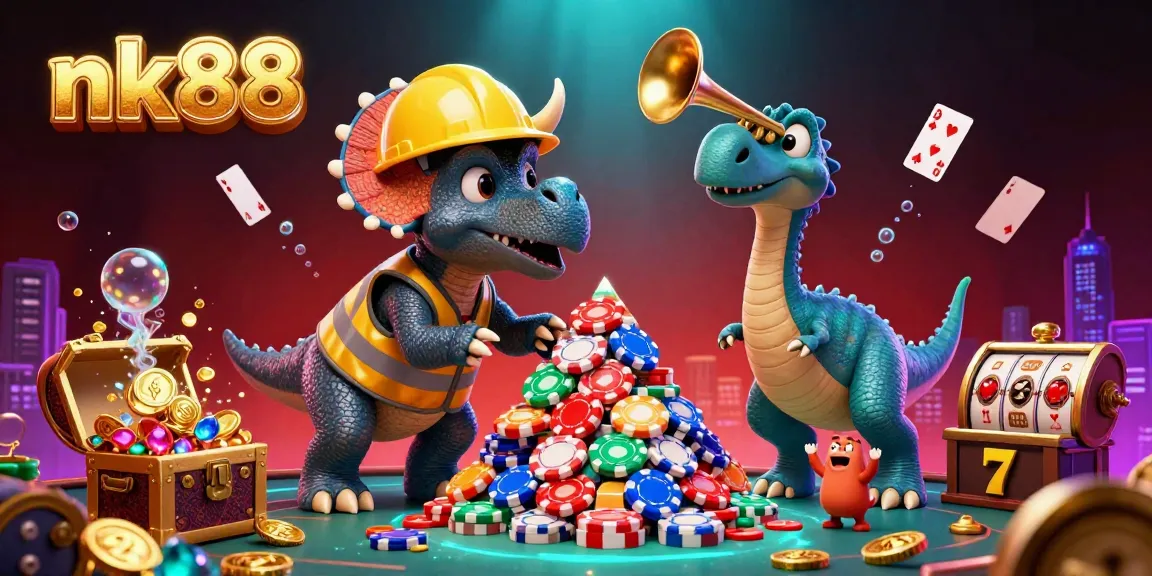 Experience the thrill of nk88 as a triceratops builds a poker chip tower in celebration of casino wins.