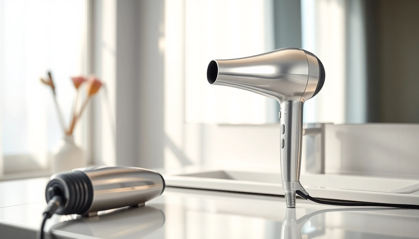 Ionic blow dryer showcasing sleek design and elegance in a well-lit vanity setting.
