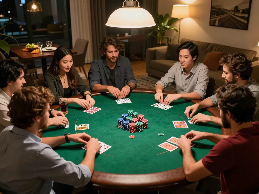 Players engaging in poker night at home, highlighting nhà cái MAX88's social gaming aspect with chips and drinks.
