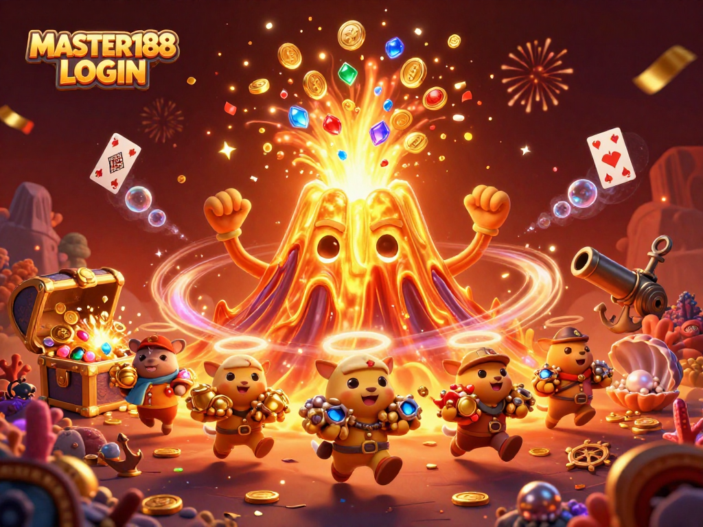 Engage with the MASTER188 LOGIN platform featuring vibrant treasures and gaming excitement in a playful 3D scene.