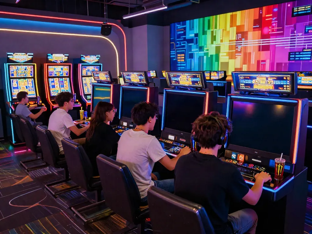 Exciting qqmacan slot gameplay scene in a vibrant arcade, showcasing players immersed in action.