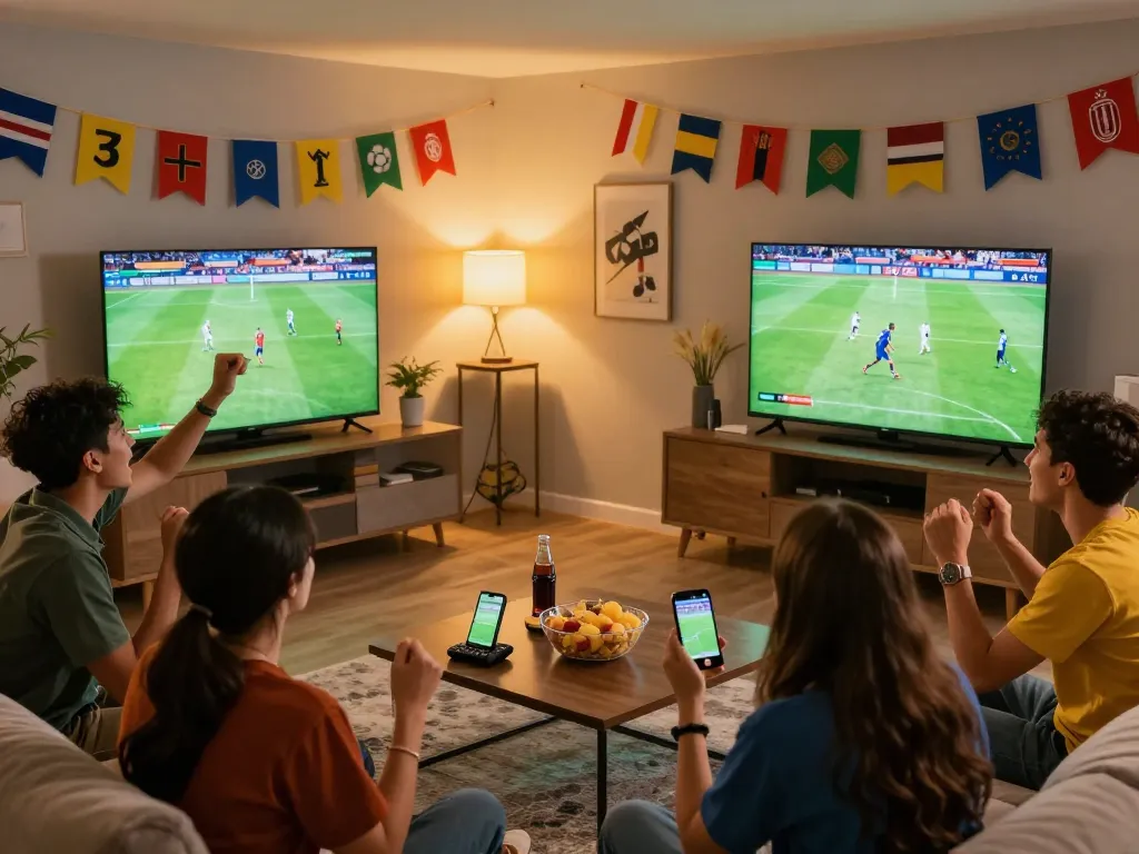 Excited football fans enjoying live matches on https://luongson117.tv/ in a cozy living room with snacks and drinks.