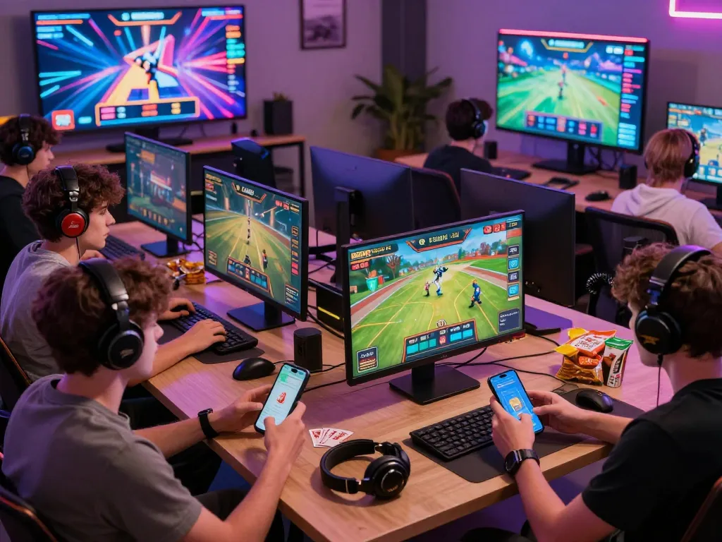 Engaging scene of players enjoying Goal 123 online gaming platform with sports and card games.