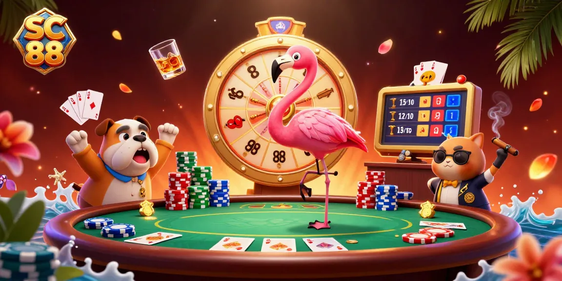 Catch the excitement with SC 88 as a cartoon flamingo spins a prize wheel surrounded by vibrant casino elements.