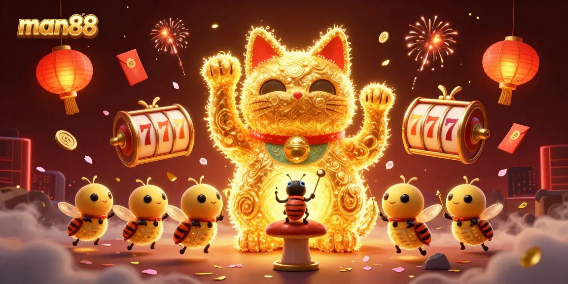 Play casino games at man88 with a vibrant lucky cat illustration showcasing slots and joy.