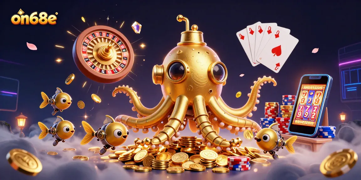 Experience exciting gaming at on68e with a vibrant scene of golden kraken and captivating casino elements.