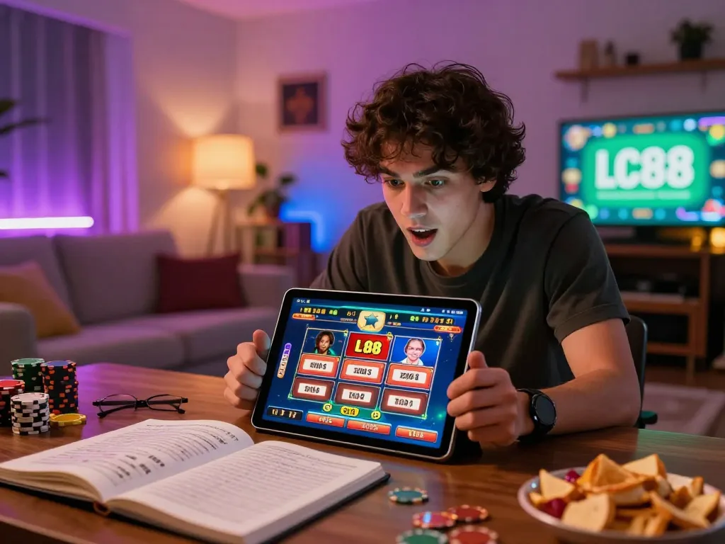 Player engaged with LC88 app for exhilarating online gambling in cozy home setup.