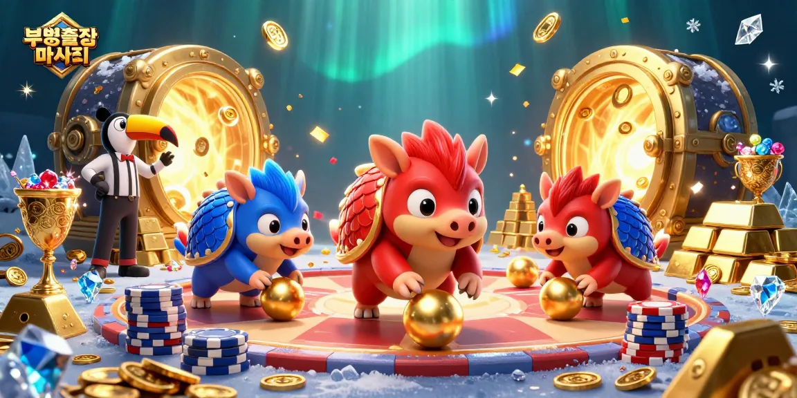 Experience the excitement of 부평출장마사지 as rival pangolins roll golden balls through poker chips in a vibrant gaming scene.