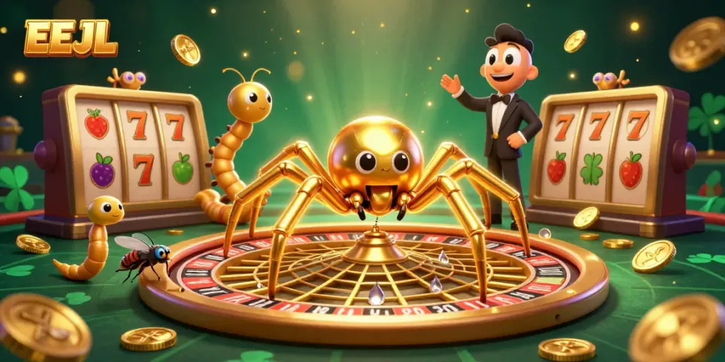 Experience the thrill at EEJL with a lively 3D casino scene featuring a golden spider and dynamic slot elements.