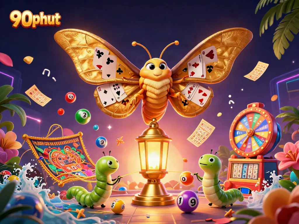 Experience 90phut's vibrant lottery and casino atmosphere with colorful balls, golden tickets, and a majestic moth.
