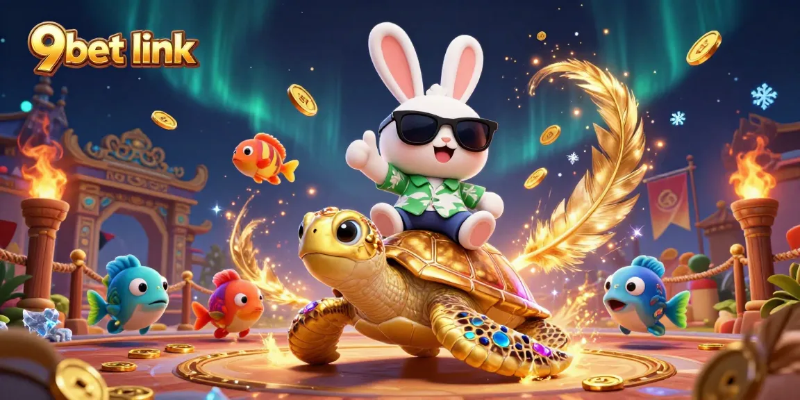 Win big with 9bet link as a lucky rabbit rides a golden turtle in a vibrant casino scene.