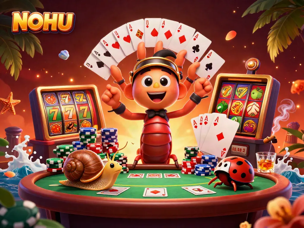 Experience the excitement of NOHU with a dynamic casino scene featuring a millipede dealer and colorful slot games.