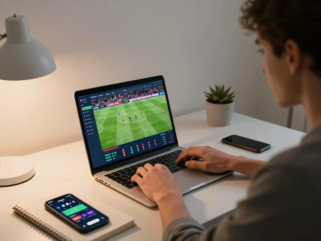 Betting on live sports events at home with MK8 on laptop, showcasing strategic gameplay