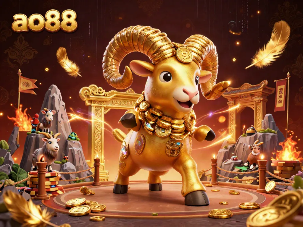 Experience thrilling gaming action at ao88 featuring a golden ram charging through a vibrant casino scene.