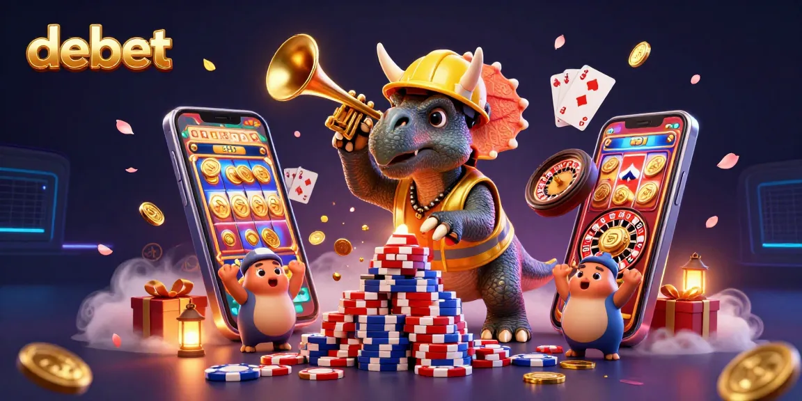 Debet enhances gaming excitement as a triceratops builds a poker chip pyramid, celebrating wins.