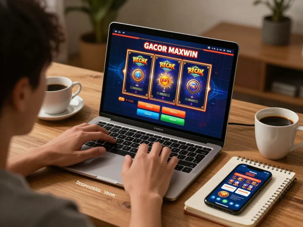 Engaged in slot gacor maxwin gameplay on a laptop at home, promoting responsible online gambling.