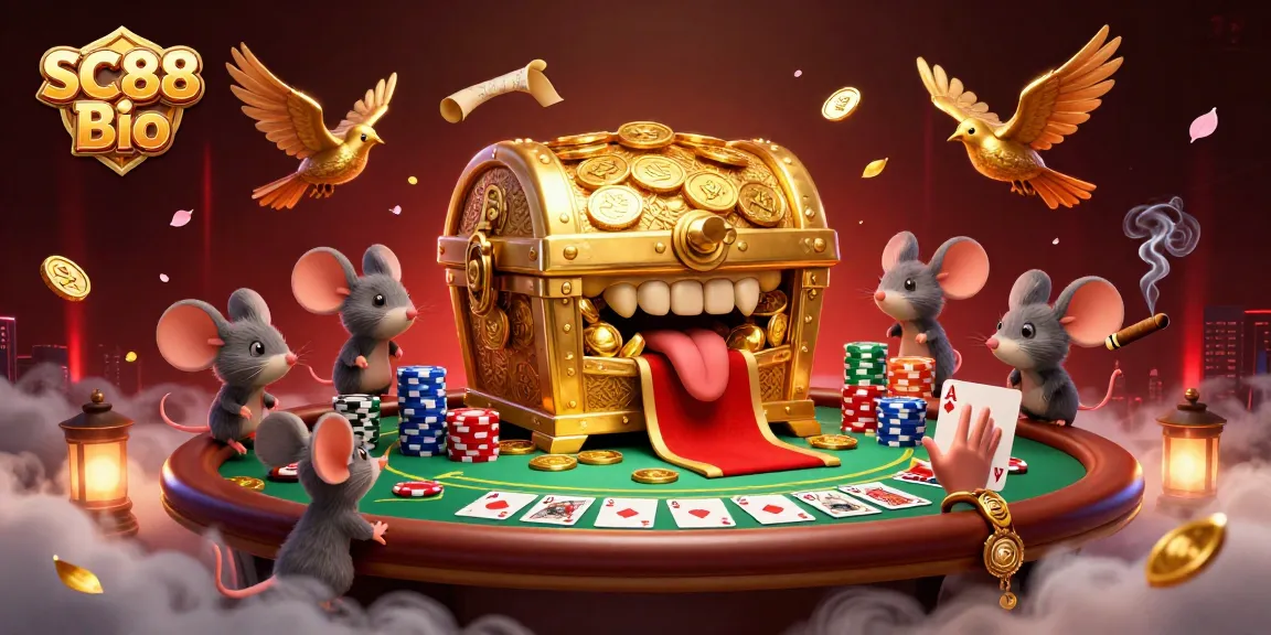 Engage with SC88 Bio's vibrant poker scene featuring a golden treasure chest and lucky treasures.