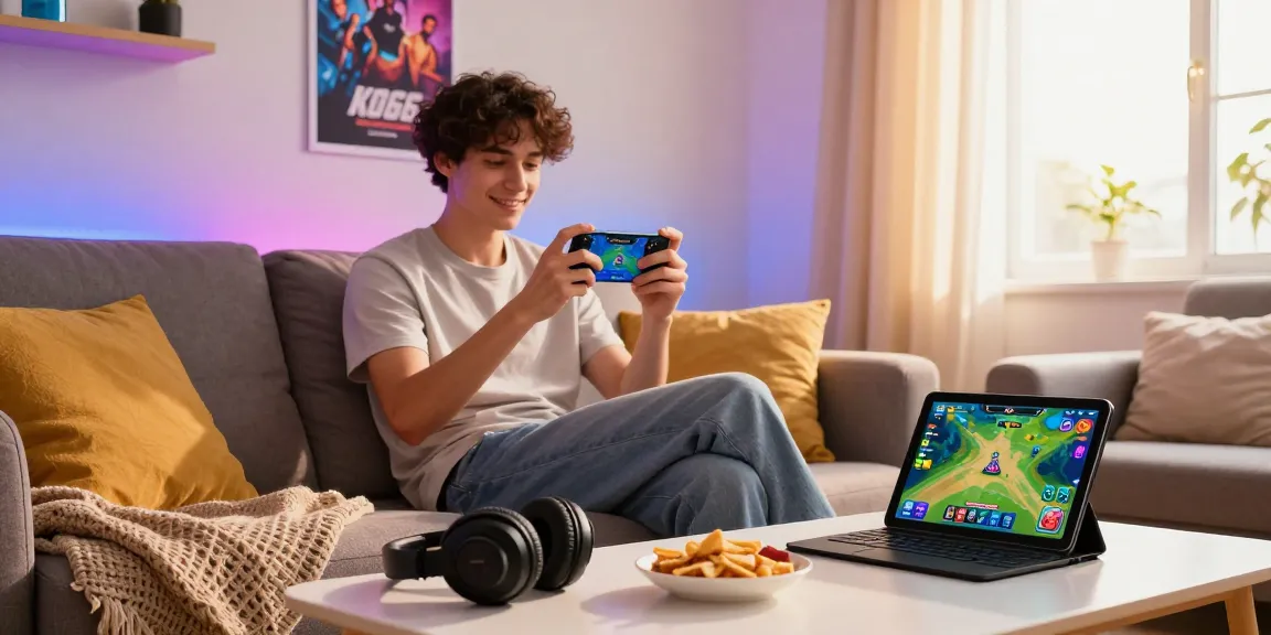 Exciting KO66 gaming scene with a young adult enjoying mobile gameplay in a cozy living room.