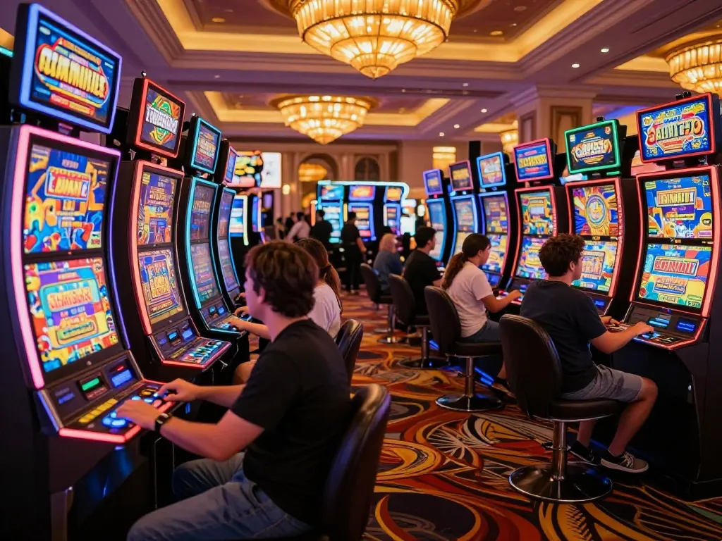 Players enjoying thrilling SLOT experience at a vibrant Las Vegas casino, surrounded by colorful slot machines.