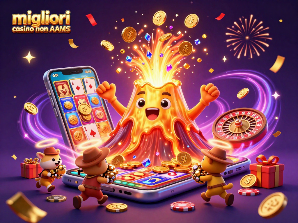Migliori casino non AAMS: Illustrazione di un vulcano d'oro che erutta monete e animali esploratori nel mondo del gioco.