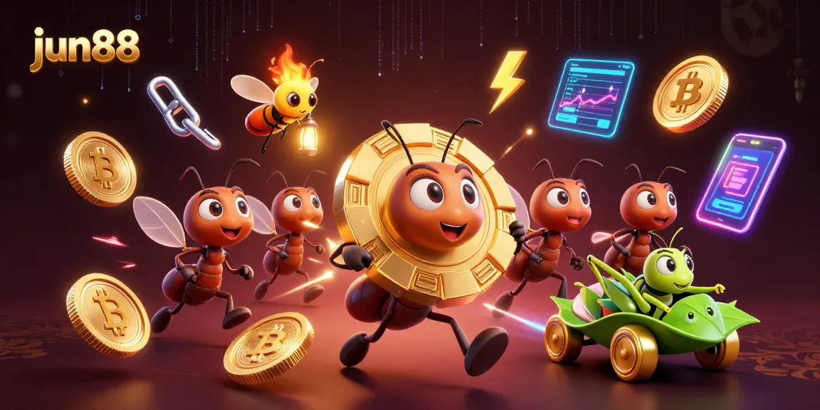 jun88 promotes an exciting gambling experience with vibrant visuals of a heist cartoon scene featuring playful ants.