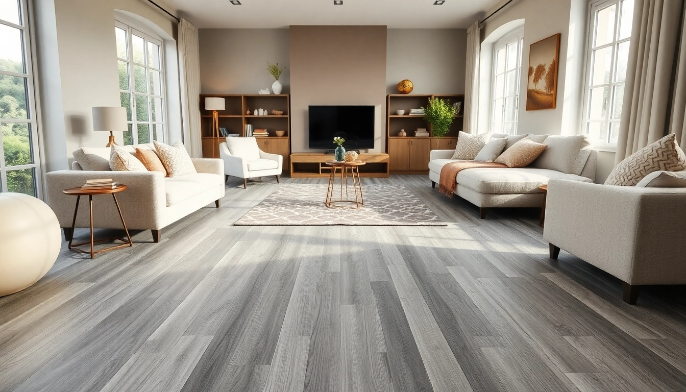 Showcasing grey vinyl flooring in an inviting living room with elegant decor and natural light.