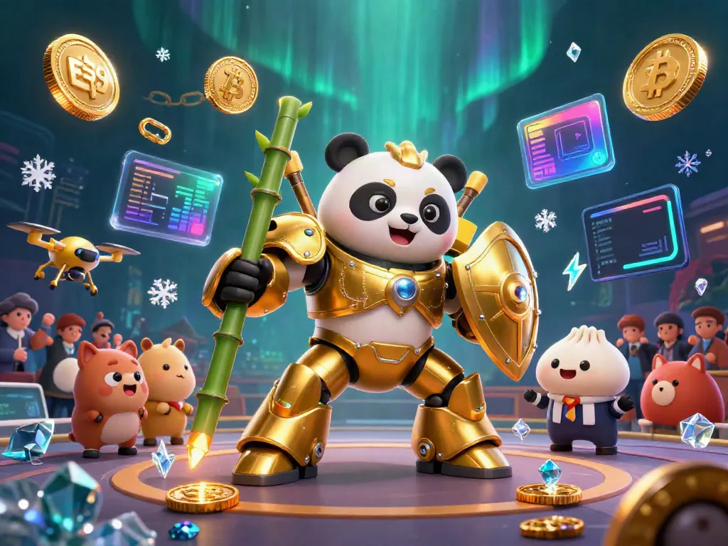 E39 showcases an exciting mech-suit panda battling in a lively casino arena filled with vibrant cryptocurrency elements.