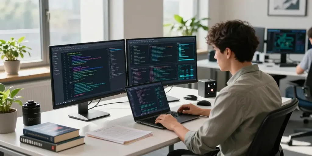 Data scientist utilizing Enterprise AI in a modern workspace with dual screens and innovative technology.