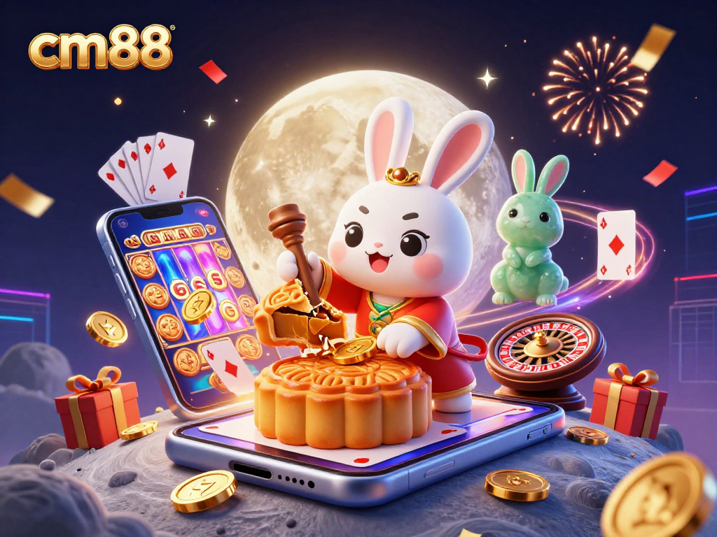 Experience excitement at cm88 with a moon rabbit revealing poker chips inside mooncakes amidst a vibrant casino scene.