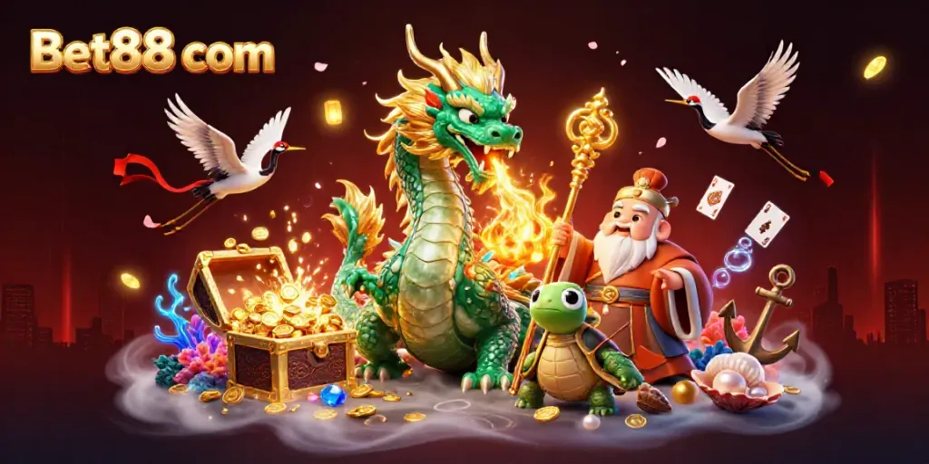 Immerse in the excitement at Bet88 com with a vibrant 3D scene featuring a jade dragon and lucky symbols.